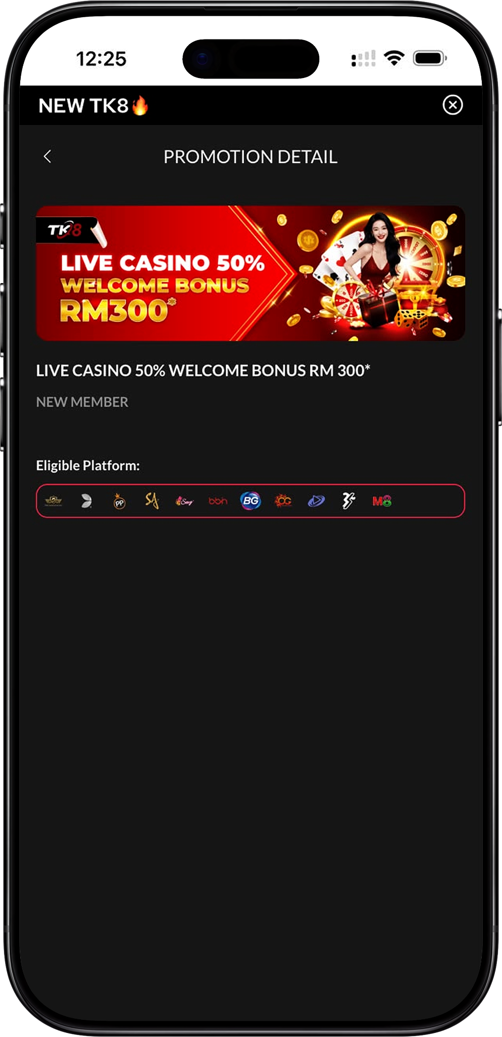 TK8 真人视讯 50% 迎新奖金 RM300 概览